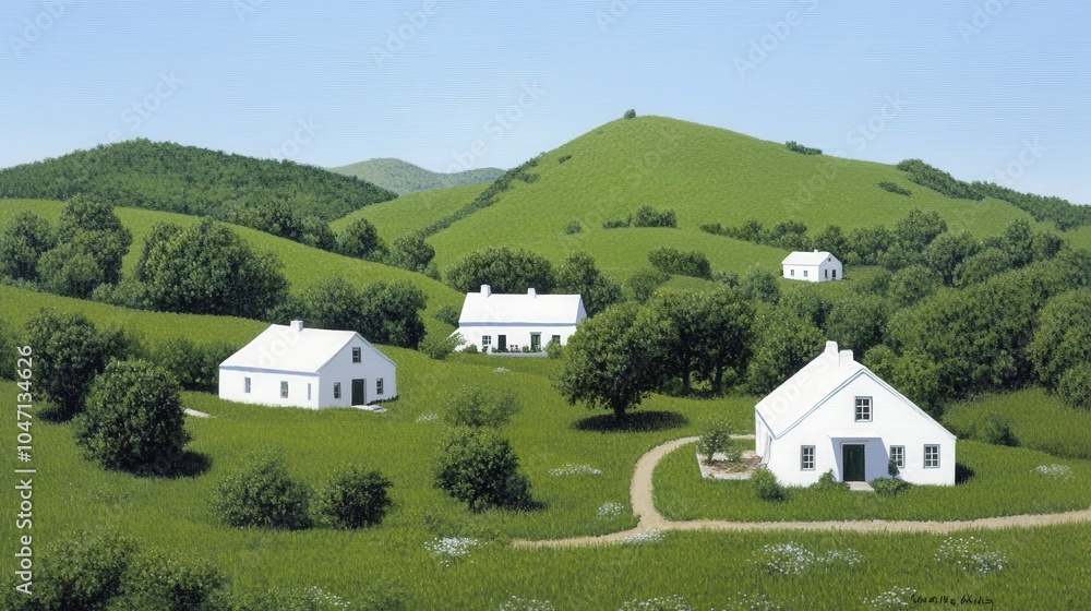 Obraz premium Rural Idyll White Houses on Lush Green Hills