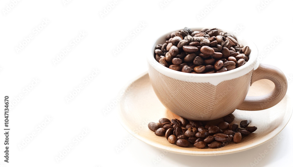 Obraz premium Coffee cup with coffee beans on side position provides copy space for text. background concept isolated white