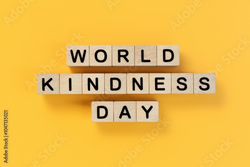 Wooden blocks spelling World Kindness Day on a yellow background. photo