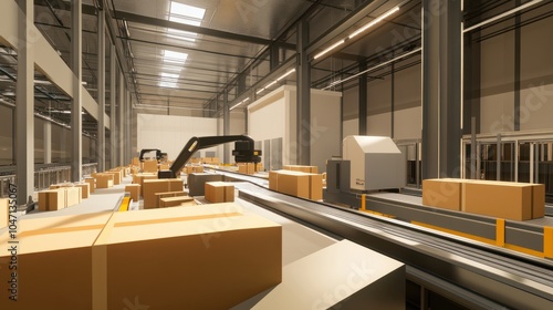 Automated Precision on the Production Line: A state-of-the-art robotic arm efficiently moves cardboard boxes along a conveyor belt in a modern factory, showcasing the power of automation in manufactu photo