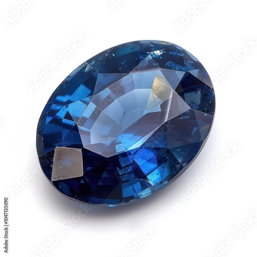 A single oval-shaped sapphire gemstone, deep blue and shiny, isolated on white background