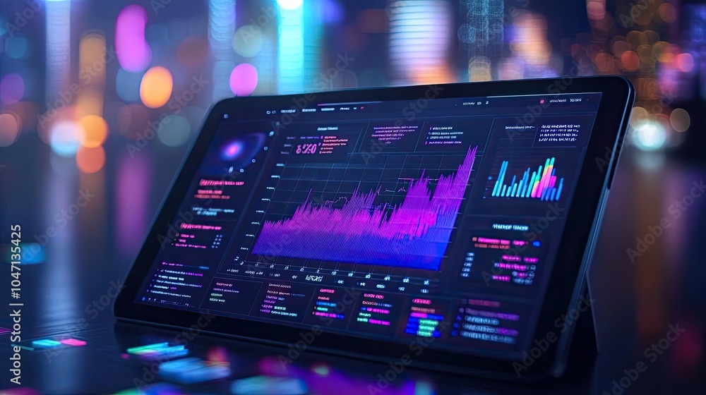A tablet displaying vibrant data analytics with colorful graphs and charts, set against a blurred city background. A tablet displaying vibrant data analytics with colorful graphs and charts, set against a blurred city background.