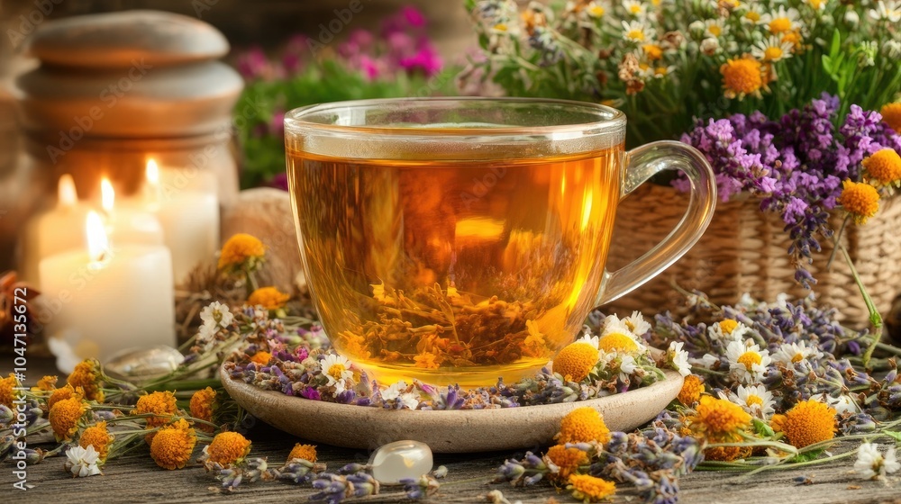 Herbal Tea with Flowers and Candles on Wooden Table Herbal Tea with Flowers and Candles on Wooden Table