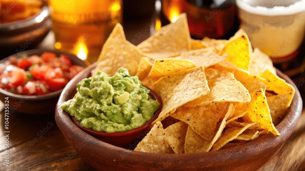 Fresh Tortilla Chips with Guacamole and Salsa Platter Fresh Tortilla Chips with Guacamole and Salsa Platter