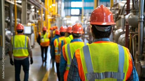 Workers practicing emergency evacuation drills in an industrial setting