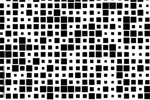 A visually striking pattern of black squares of varying sizes set against a bright white canvas.