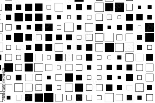 A visually striking pattern of black squares of varying sizes set against a bright white canvas.