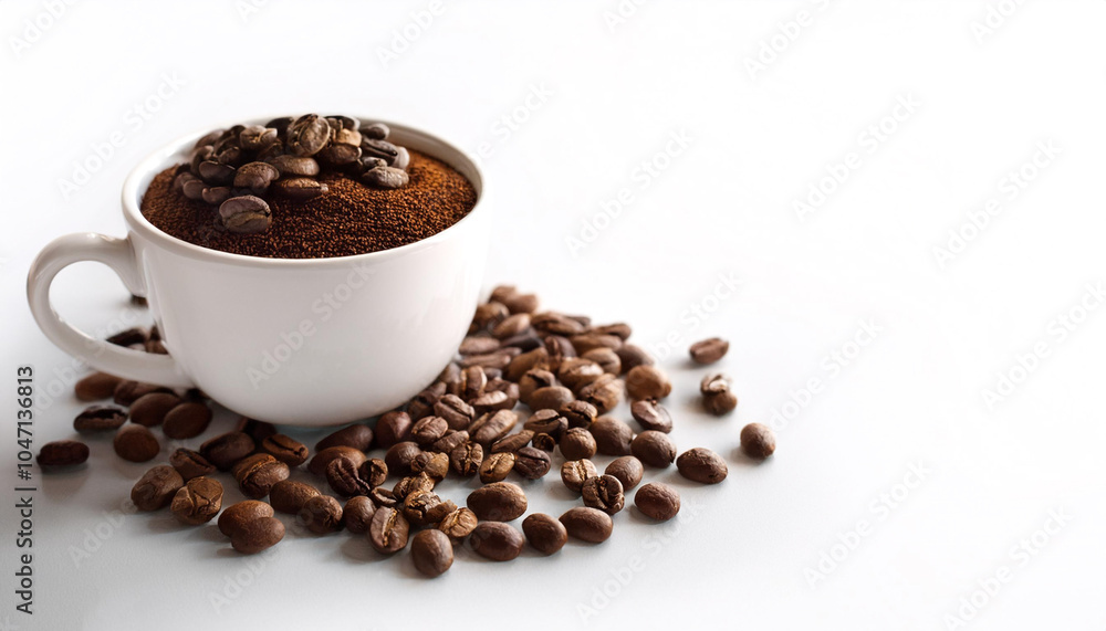 Obraz premium Coffee cup with coffee beans on side position provides copy space for text. background concept isolated white