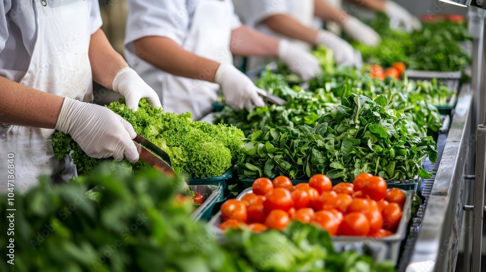 Fototapeta premium Workers processing organic produce in a sustainable agriculture facility