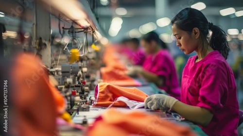 Workers sewing garments on an assembly line in a clothing factory photo