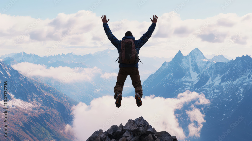 young man jumping on top of mountain with backpack, expressing joy and freedom amidst stunning mountain scenery. breathtaking view captures essence of adventure and exploration young man jumping on top of mountain with backpack, expressing joy and freedom amidst stunning mountain scenery. breathtaking view captures essence of adventure and exploration