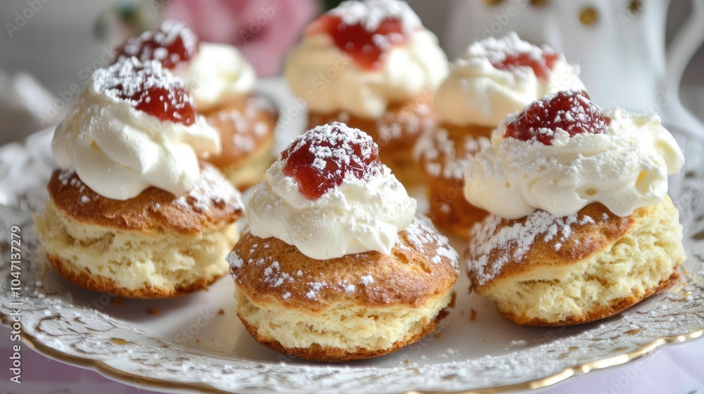 Delicious Cream Topped Pastries on Decorative Plate Delicious Cream Topped Pastries on Decorative Plate