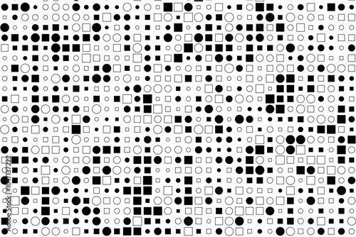 Contrasting black and white shapes with randomized sizes and fill styles