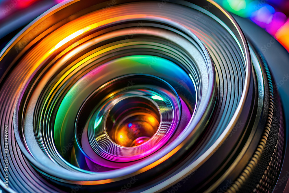 Fototapeta premium A vibrant close-up of a camera lens with colorful refractions and metallic textures, showcasing intricate details and light play.