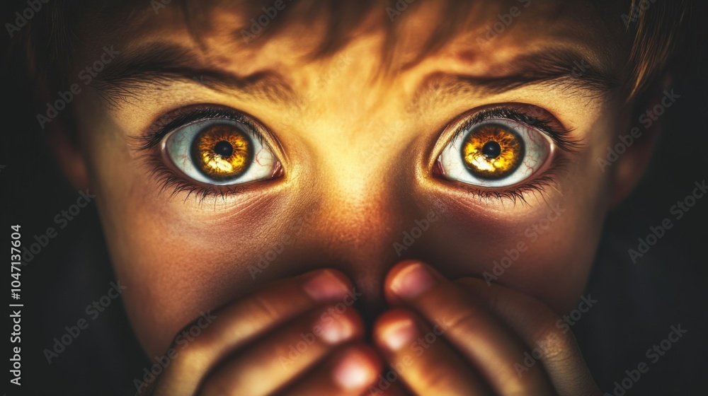 Close-up of a child's face with wide eyes and hands covering their mouth Close-up of a child's face with wide eyes and hands covering their mouth