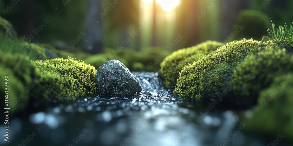 Sunbeams Illuminating a Forest Stream with Moss and a Single Rock Sunbeams Illuminating a Forest Stream with Moss and a Single Rock