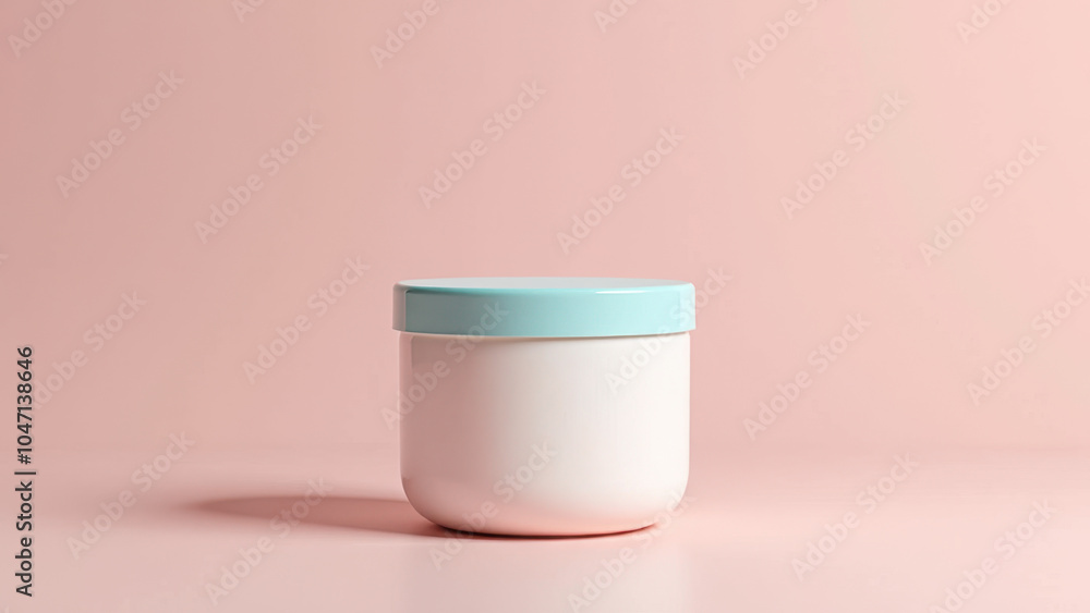 A round plastic jar of cosmetic cream sitting on a light-colored surface. A round plastic jar of cosmetic cream sitting on a light-colored surface.