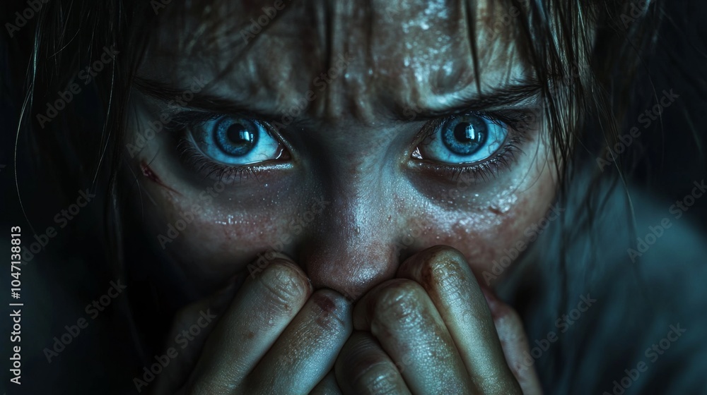 Close-up of a Person's Face with Fearful Expression and Bloodstains Close-up of a Person's Face with Fearful Expression and Bloodstains