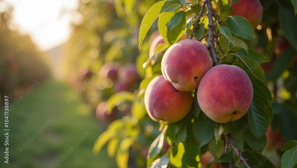 Ripe peaches on trees in a sunlit orchard Ripe peaches on trees in a sunlit orchard