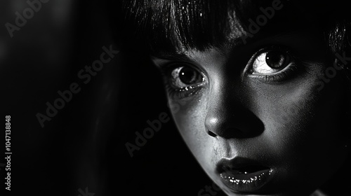 Close-up Monochrome Portrait of a Young Girl with Eyes Wide Open and Mouth Agaped photo