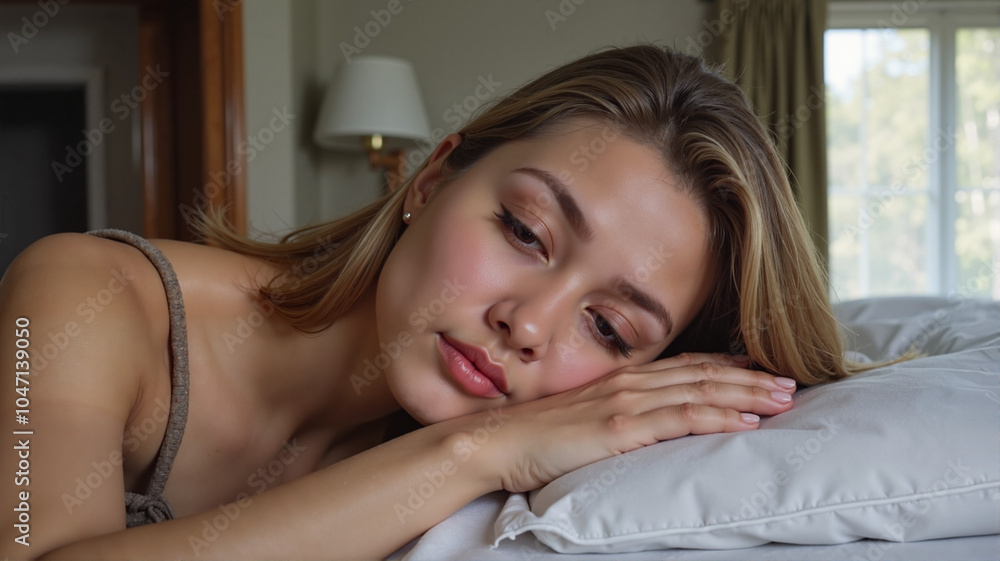 Woman resting her head on pillow in quiet bedroom Woman resting her head on pillow in quiet bedroom