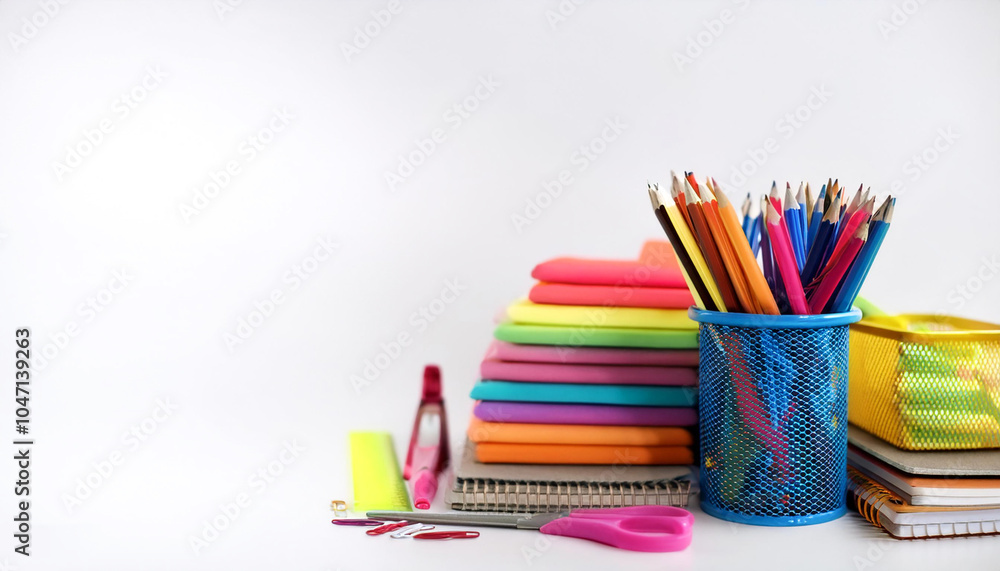 Colorful stationery on side position provides copy space for text. background concept isolated white Colorful stationery on side position provides copy space for text. background concept isolated white
