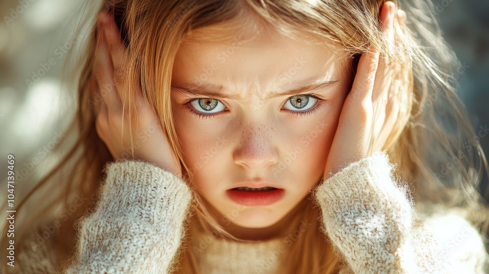 Young Girl with Blonde Hair and Blue Eyes Expressing Distress Young Girl with Blonde Hair and Blue Eyes Expressing Distress