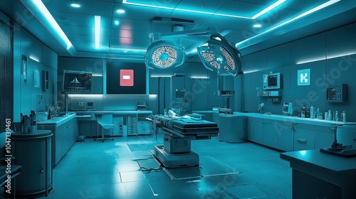 High-tech medical robot assists in a surgical procedure within a well-equipped operating room