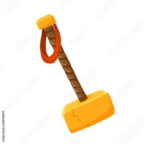 Superhero hammer flat icon. Clipart cartoon illustration. Vector sign for mobile app and web sites. Hand drawn gold hammer isolated on white background