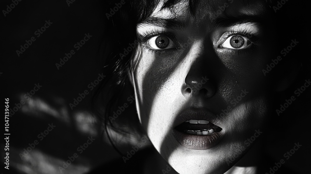 Fototapeta premium A Close-up of a Woman's Face with Striking Eyes and a Grimacing Mouth