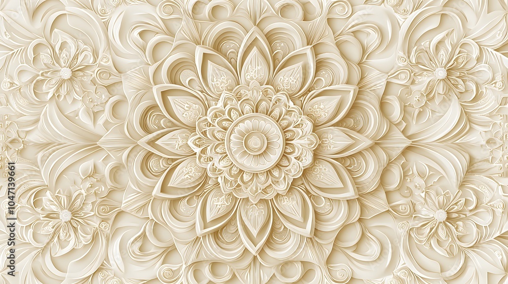 A beautifully crafted relief pattern features an ornate floral design with layers of petals and intricate details, all presented in soft cream hues, creating a serene ambiance. A beautifully crafted relief pattern features an ornate floral design with layers of petals and intricate details, all presented in soft cream hues, creating a serene ambiance.