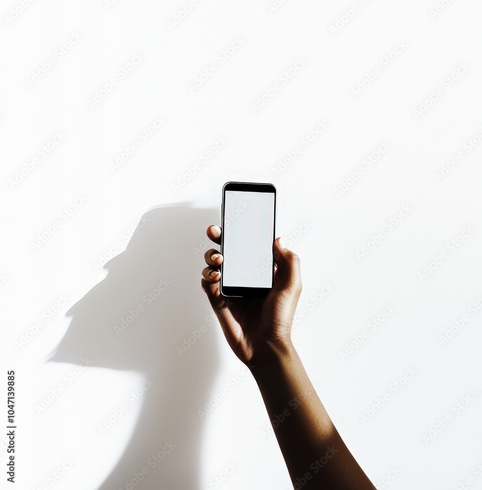 hand holding smartphone with blank screen against white background hand holding smartphone with blank screen against white background