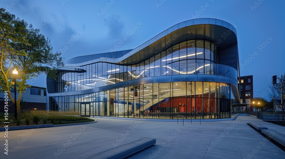 Modern Glass and Metal Building with Curved Facade at Dusk Modern Glass and Metal Building with Curved Facade at Dusk
