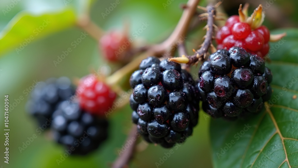 Fresh blackberries on vine with dew drops against lush green backdrop Fresh blackberries on vine with dew drops against lush green backdrop