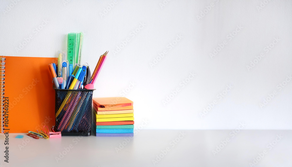 Fototapeta premium Colorful stationery on side position provides copy space for text. background concept isolated white