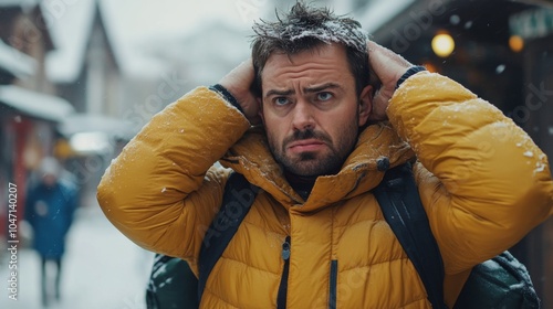 Man in Yellow Jacket with Snow on his Hair and Jacket in Snowy City