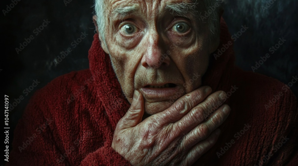 Close-up portrait of an elderly man with a worried expression, his hand resting on his chin. Close-up portrait of an elderly man with a worried expression, his hand resting on his chin.