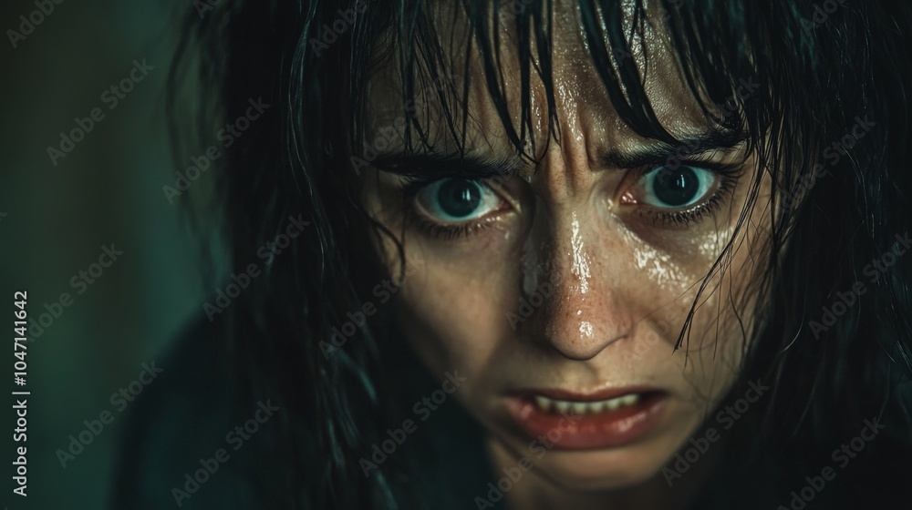 Close-up portrait of a woman with wet hair and a distressed expression Close-up portrait of a woman with wet hair and a distressed expression