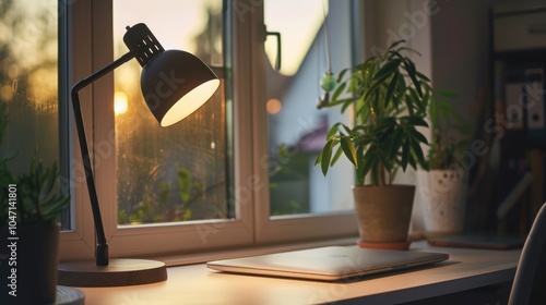 A Desk with a Lamp, Laptop, and Plants by a Window photo