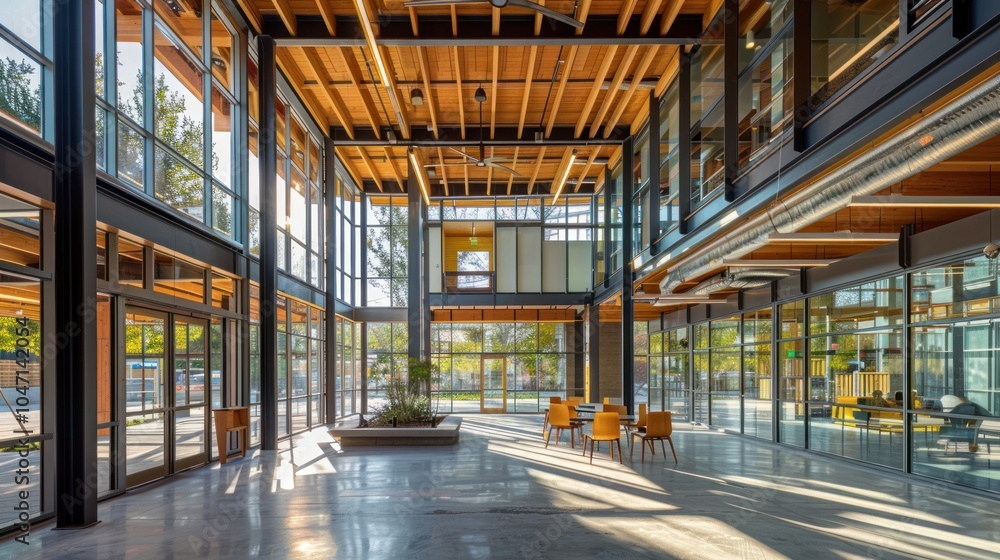 Modern Interior Design with Large Windows, Wooden Beams, and Sunlight Streaming In Modern Interior Design with Large Windows, Wooden Beams, and Sunlight Streaming In