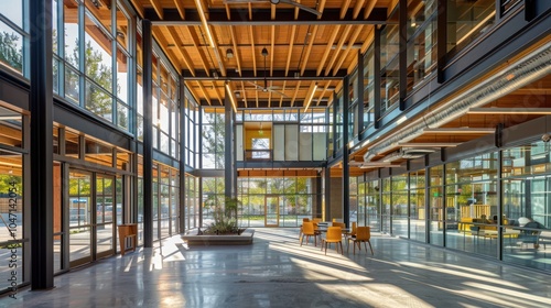 Modern Interior Design with Large Windows, Wooden Beams, and Sunlight Streaming In