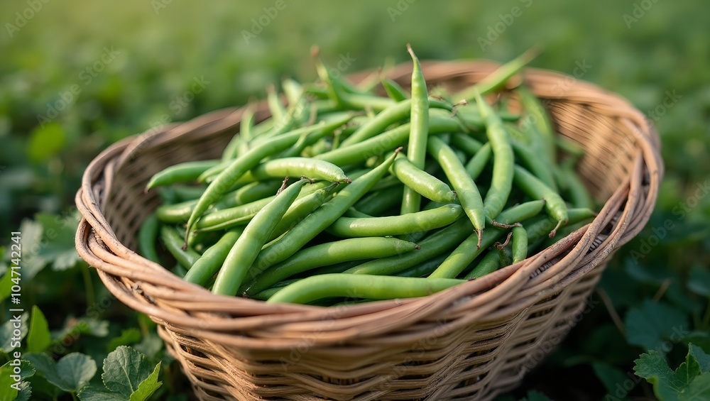 Freshly picked vibrant green beans in a rustic basket set in a sunlit field Freshly picked vibrant green beans in a rustic basket set in a sunlit field
