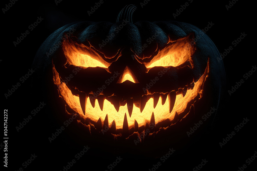 Naklejka premium Candlelit Pumpkin with Sharp Teeth and Glowing Eyes