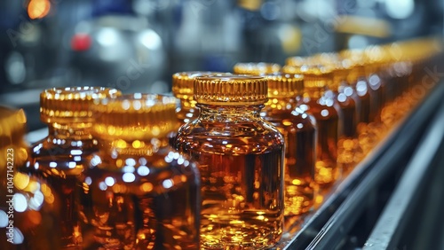 Amber Glass Bottles Moving on a Conveyor Belt in a Factory