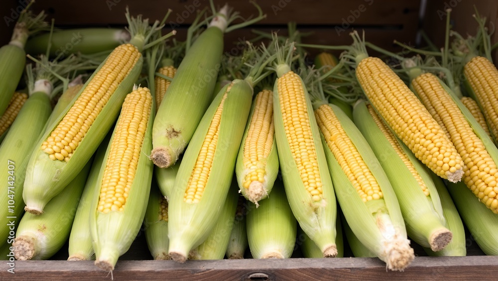 Freshly harvested sweet corn in rustic wooden crate golden kernels peeking through green husks Freshly harvested sweet corn in rustic wooden crate golden kernels peeking through green husks