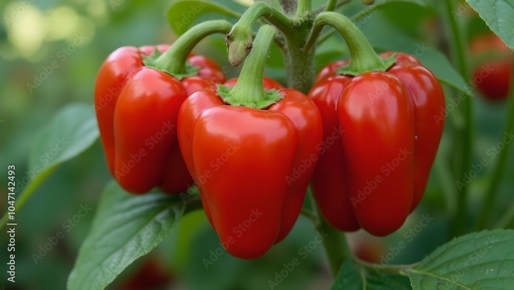 Fresh red bell peppers ready for harvest in a lush green field Fresh red bell peppers ready for harvest in a lush green field