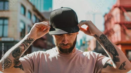 Man in Black Cap Adjusting His Headwear