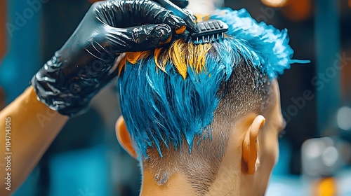 Professional stylist s hands meticulously applying two tone hair dye to create a visually striking contrast and multi dimensional layered hairstyle in a salon setting photo