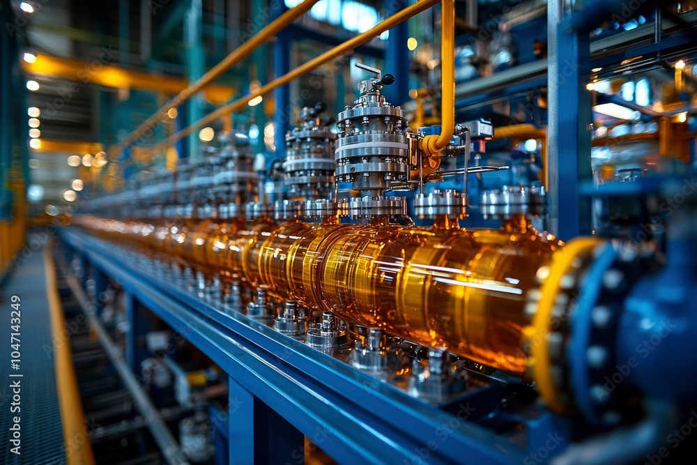 Industrial Piping System with Yellow and Blue Components Industrial Piping System with Yellow and Blue Components
