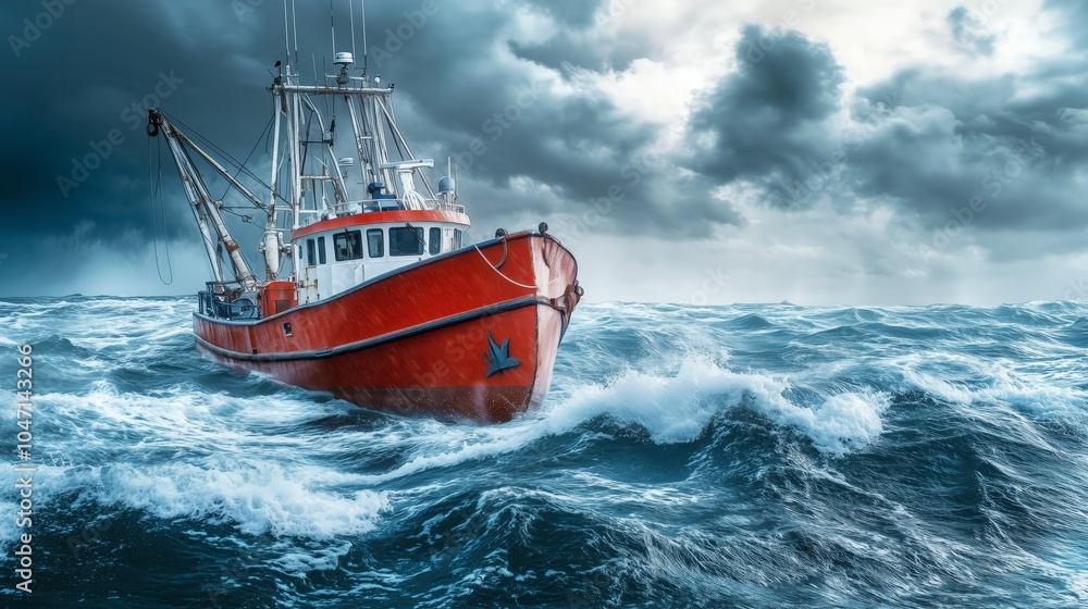 Obraz premium Fishing boat braving dark sea waves, stormy clouds, ocean. AI generated